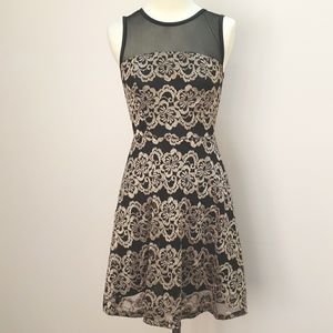 A-List Sleeveless Black and Gold Floral Fit & Flare Mini Dress, Size Small
